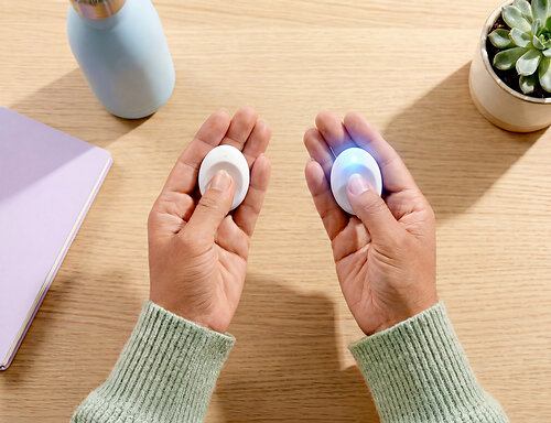 Wevana Tabs deliver alternating rhythmic vibrations to both hands, helping users regulate their nervous system to reduce stress, find calm, sharpen focus, and sleep better