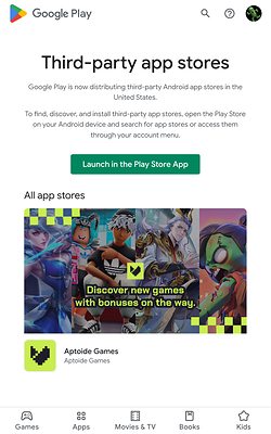 Aptoide Games in Google Play's third party stores page