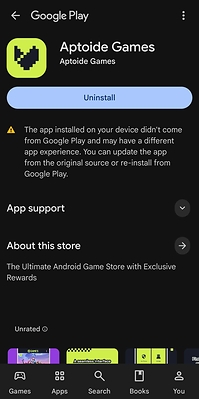 Aptoide Games app view in Google Play (dark)