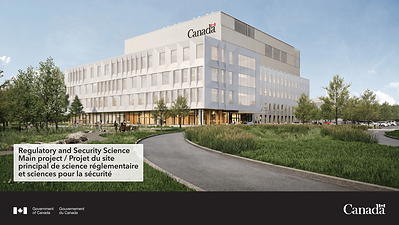Rendu conceptuel de l’installation principale de science réglementaire et sciences pour la sécurité à Ottawa, en Ontario, qui présente l’entrée principale du bâtiment et sa conception architecturale. Le rendu pourrait faire l’objet de modifications.
