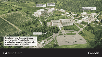 Conceptual aerial rendering of the Regulatory and Security Science Main campus in Ottawa, Ontario, showing the facilities under construction as part of the Laboratories Canada initiative. Rendering is subject to change.