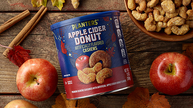 Apple Cider Donut Cashews (13 oz.): Returning by popular demand, these kettle-roasted whole cashews combine apple and cinnamon flavors with the creamy texture and natural nutty taste the PLANTERS® brand is known for to deliver the warm, nostalgic taste of fall. Available now on Amazon and at major retailers including Kroger, select Albertsons and Safeway stores, Publix and Ahold starting in mid-August. 