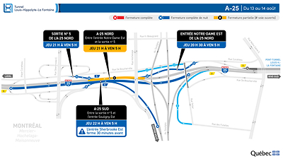Fermetures sur l’autoroute 25 dans les deux directions durant la nuit du 13 au 14 août