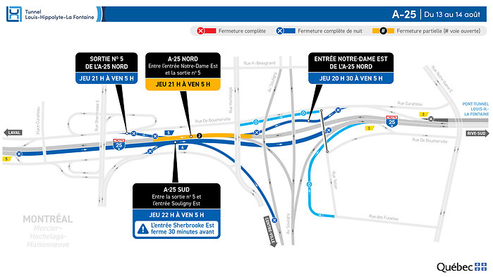 Fermetures sur l’autoroute 25 dans les deux directions durant la nuit du 13 au 14 août