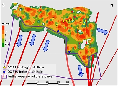 Figure 2: Longitudinal section of the Pine Tree – Josephine deposit showing the statistical envelopes (gold grades), perpendicular normal faults (red planes), extension of potential mineralization (purple boundary), location of the designed intercepts of the metallurgical drillholes (yellow markers) and hydrological drillholes (blue markers)