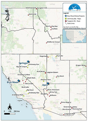 Blue Moon Metals Acquires 33 Tungsten and Antimony Projects in the Western United States Becoming a Significant U.S. Tungsten, Germanium, Gallium and Antimony Owner in the U.S.