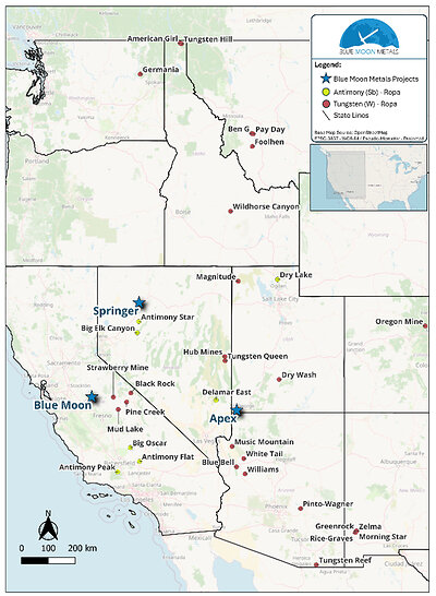 Figure 1. Map of the Projects with Blue Moon’s Springer, Apex and Blue Moon mines. Figure 1. Map of the Projects with Blue Moon’s Springer, Apex and Blue Moon mines.
