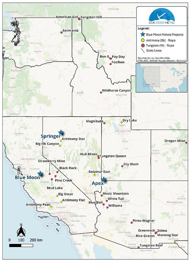 Figure 1. Map of the Projects with Blue Moon’s Springer, Apex and Blue Moon mines. Figure 1. Map of the Projects with Blue Moon’s Springer, Apex and Blue Moon mines.