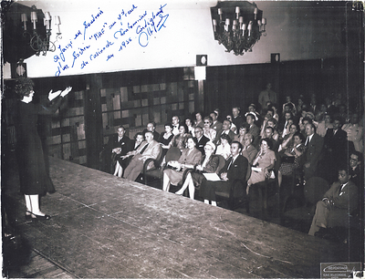 Édith Piaf performs in the Grand Cercle room of the Casino de Charbonnières, near Lyon, 1956. The photograph is inscribed to Jacqi Blanchon by Geo Mouquet, the casino's orchestra leader, whose handwritten dedication is visible at top. Courtesy of the Blanchon family archive / XALO RECORDS.