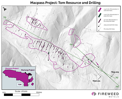 Map 2: Tom intersected mineralization, composite intervals in 2026 drilling, 2025 drilling and pre-2025 drilling with mineral resource vertical projection to surface.