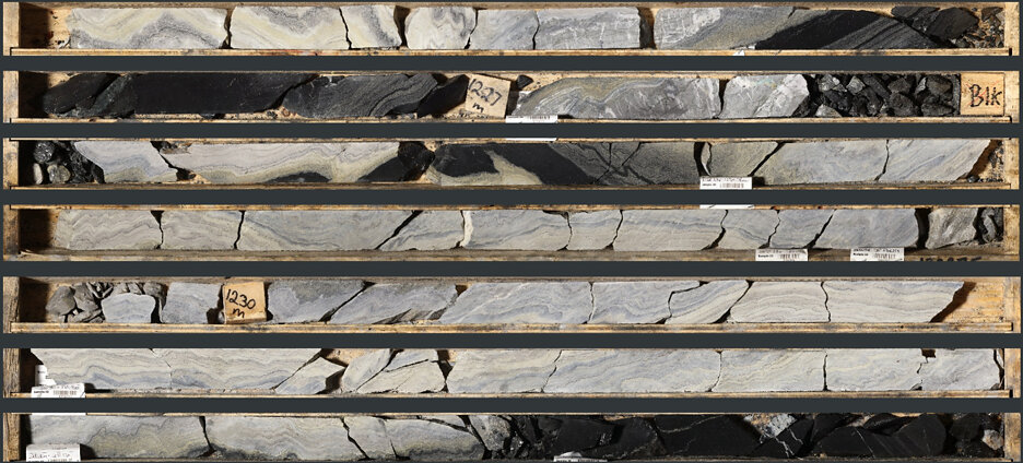 Photo 1: Grey Facies mineralization in TS25-003 laminated sphalerite and barite from 1,227.5 to 1,233.0 m Photo 1: Grey Facies mineralization in TS25-003 laminated sphalerite and barite from 1,227.5 to 1,233.0 m