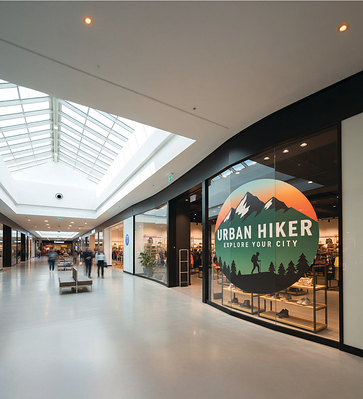A retail storefront features a large printed window graphic facing a shopping mall corridor, showing how glass surfaces can be used for in-store branding and visual communication.