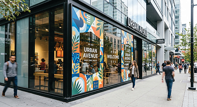 A street-level commercial storefront incorporates colorful printed graphics across its glass facade, integrating brand identity and visual communication into the surrounding architectural surfaces.