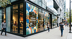 A street-level commercial storefront incorporates colorful printed graphics across its glass facade, integrating brand identity and visual communication into the surrounding architectural surfaces.