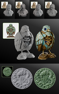 Meshy 7 image-to-3D results: from a single reference image to detailed geometry and PBR textures across facial expressions, hard-surface mechanics, and relief carving.