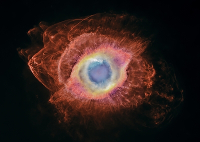 The Helix Nebula and the cosmic recycling of stellar material. The bright central nebula surrounds a white dwarf, the remnant of the star that
created it. Farther out, newly revealed bow shocks show fragments of
material cast off by that star colliding with surrounding interstellar gas.
The fragments become progressively smaller and more disrupted as they are
stripped, shredded and mixed into space. The new MOTHRA data are combined
with previous data from the Hubble Space Telescope and the Kitt Peak 4m
telescope to create this color image. Credit for the previous data: NASA,
ESA, C. R. O’Dell (Vanderbilt University) and M. Meixner, P. McCullough and G. Bacon (Space Telescope Science Institute). Credit for the combination of MOTHRA, Hubble, and Kitt Peak data: Andrew McCarthy (andrew@cosmicbackground.io)