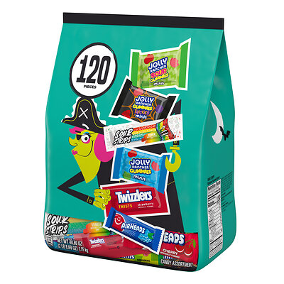 Sweets Assortment Stand-Up Bag: A variety-packed assortment featuring the introduction of Sour Strips to the Hershey seasonal portfolio, as well as Jolly Rancher Gummies Trickies Minis, Jolly Rancher Gummies Minis and Twizzlers Twists in Strawberry flavor. The mix is perfect for every sweet tooth, delivering a range of fruity, chewy, sweet and sour favorites.  