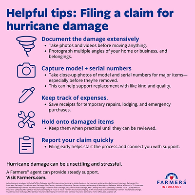 Farmers Insurance® recommends homeowners and business owners thoroughly document damage after a hurricane. This can make a meaningful difference during the claims and recovery process.