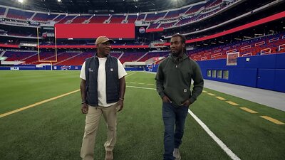 Thurman Thomas showcases the dedication, craftsmanship and pride of his crew and the thousands of hardworking people who helped bring the stadium to life by giving current Bills star running back James Cook III his first tour of the state-of-the-art venue.