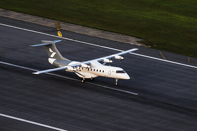 Heart Aerospace’s X1 demonstrator aircraft touches down at Plattsburgh International Airport in New York at the conclusion of its first flight. (Photo: Heart Aerospace)
