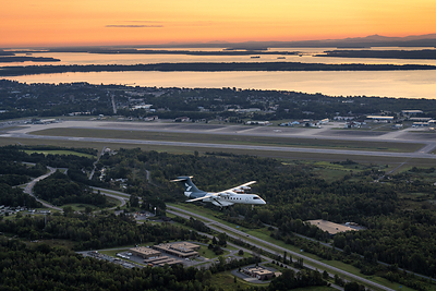 Heart Aerospace’s X1 demonstrator aircraft flies above Plattsburgh, New York, at sunrise during its first flight. (Photo: Heart Aerospace)