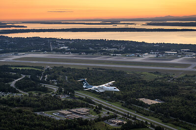 Heart Aerospace’s X1 demonstrator aircraft flies above Plattsburgh, New York, at sunrise during its first flight. (Photo: Heart Aerospace)
