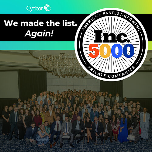Cydcor named to the Inc 5000 list, the annual list of the fastest-growing private companies in America for the second consecutive year.