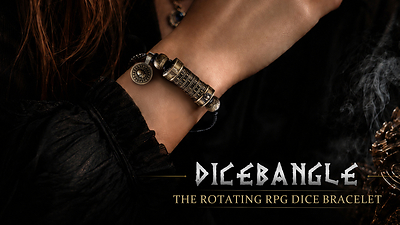 DICEBANGLE turns a sculpted fantasy bracelet into a playable rotating RPG dice system covering D4 through D100.