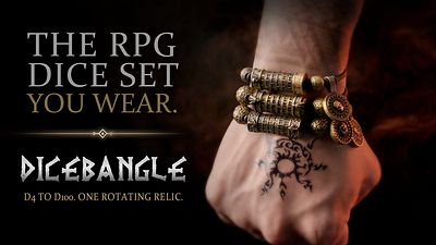 DICEBANGLE turns a sculpted fantasy bracelet into a playable rotating RPG dice system covering D4 through D100.