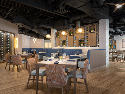 Dining room of newly opened Stone & Current restaurant.