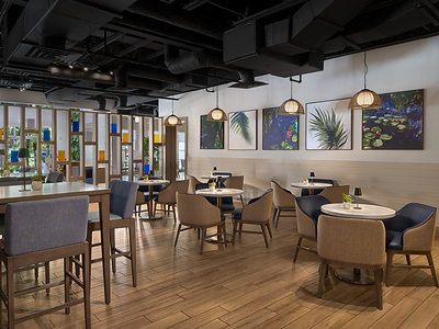 Dining room of newly opened Stone & Current restaurant.