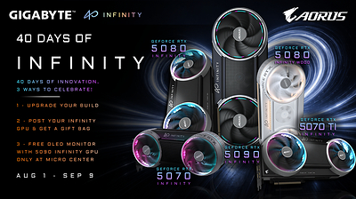 GIGABYTE celebrates its 40th anniversary with the “40 Days of INFINITY” campaign, featuring the AORUS GeForce RTX INFINITY Series and three ways for the community to celebrate—from exclusive anniversary rewards and social activities to a special Micro Center promotion. The campaign runs from August 1 through September 9, 2026.
