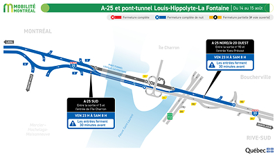 A-25 et pont-tunnel Louis-Hippolyte-La Fontaine, secteur tunnel, 14 au 15 août A-25 et pont-tunnel Louis-Hippolyte-La Fontaine, secteur tunnel, 14 au 15 août