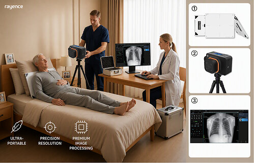 Rayence expands the boundaries of point-of-care imaging with its new integrated portable X-ray diagnostic solutions, Anywhere-M for human healthcare and Anywhere-V for veterinary and field animal care. (AI-generated image)