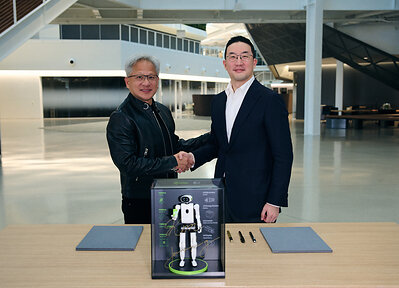 LG Corp. Chairman and CEO Kwang Mo Koo (right) and NVIDIA founder and CEO Jensen Huang (left) shake hands at NVIDIA's headquarters in Santa Clara, California, on Aug. 13th. The miniature humanoid robot presented by LG bears the autographs of LG Corp. Chairman and CEO Kwang Mo Koo and NVIDIA founder and CEO Jensen Huang.