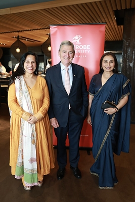 Mitu Lange, IFFM Director; La Trobe University Chancellor The Hon John Brumby AO; and Rani Mukerji