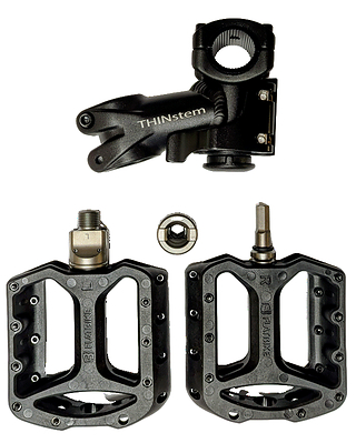 A Flatten-Your-Bike Kit consists of two ISO-4210 destruction-tested components: A THINstem folding stem and award-winning Pop-Off Pedals. Together, they fold a bike quickly to fit flat against any wall.