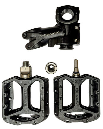 A Flatten-Your-Bike Kit consists of two ISO-4210 destruction-tested components: A THINstem folding stem and award-winning Pop-Off Pedals. Together, they fold a bike quickly to fit flat against any wall. A Flatten-Your-Bike Kit consists of two ISO-4210 destruction-tested components: A THINstem folding stem and award-winning Pop-Off Pedals. Together, they fold a bike quickly to fit flat against any wall.