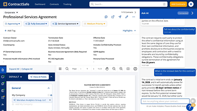 A screenshot of ContractSafe's AI assistant responding to a question about renewal dates 
