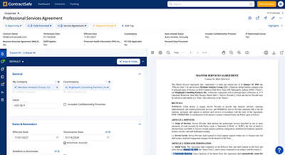 A screenshot of ContractSafe's [AI[ssistant automatically extracting dates and other key fields from a contract 