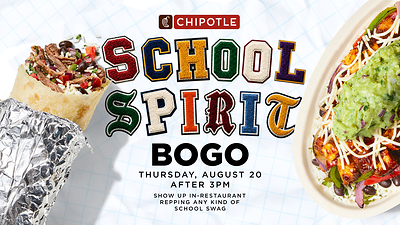On Thursday, August 20, guests wearing school apparel or accessories can receive a BUY-ONE-GET-ONE (BOGO) entrée offer from 3 p.m. to close local time at participating Chipotle restaurants.