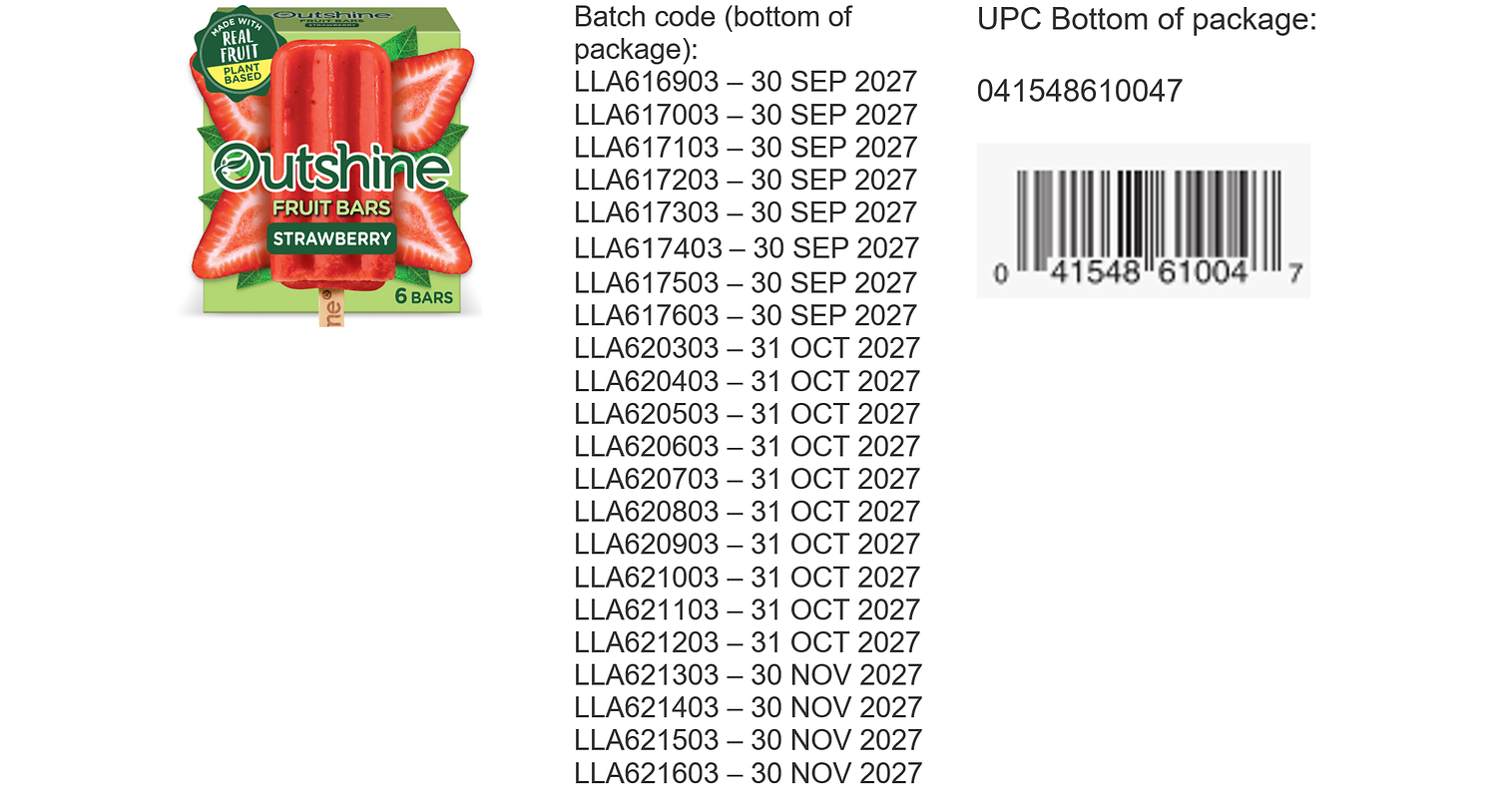 DREYER'S GRAND ICE CREAM, INC. ISSUES VOLUNTARY RECALL ON SELECT OUTSHINE FRUIT BARS DUE TO POSSIBLE FOREIGN MATTER CONTAMINATION