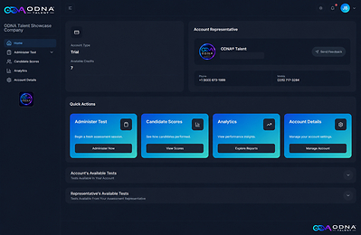 The ODNA® Talent platform gives employers one place to administer assessments, review candidate scores, explore analytics and reports, and manage account activity.