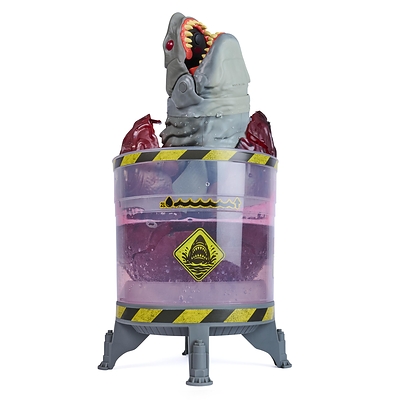Experience the shock as the 16-inch-long shark toy bursts from its shell with chomping jaws.