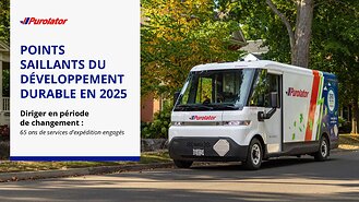 En 2025, Purolator a ajouté 274 camions de livraison entièrement électriques, portant son parc de véhicules électriques à plus de 550 véhicules au Canada, dans le cadre de son engagement à réduire les émissions de gaz à effet de serre, comme le souligne son Rapport sur le développement durable 2025.