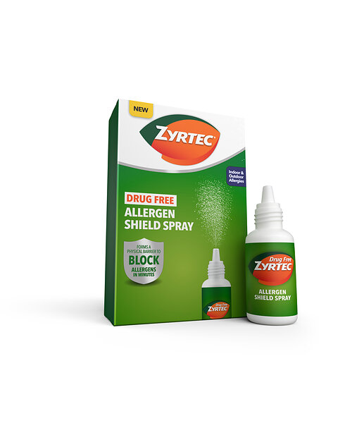 New ZYRTEC™ Allergen Shield Spray is a drug-free nasal spray that creates a protective barrier to help block allergens like pollen from triggering allergy symptoms