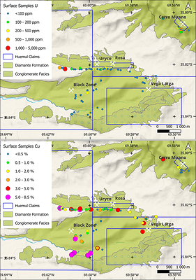 Figure 3 Uranium and copper surface sampling results along the Uryco-Rosa, Black Zone and Vega Larga Trend.