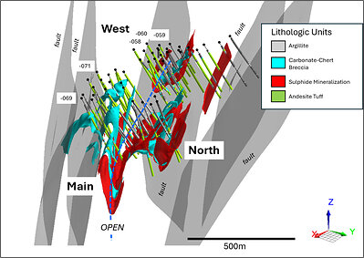 Figure 2: 3D geological model with 2026 drill intersections at Balfour. 3D view looking west and inclined downward illustrating the interpreted relationship between the West and Main mineralized zones. Figure 2: 3D geological model with 2026 drill intersections at Balfour. 3D view looking west and inclined downward illustrating the interpreted relationship between the West and Main mineralized zones.