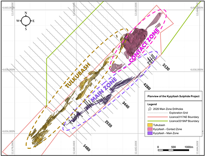 Figure 1: Plan view of the Kyzyltash Sulfide Gold Project showing the Tulkubash oxide zone and the Kyzyltash sulfide Deposit, including the Contact Zone (CZ) and the Main Zone (MZ) with drill holes in the MZ. Figure 1: Plan view of the Kyzyltash Sulfide Gold Project showing the Tulkubash oxide zone and the Kyzyltash sulfide Deposit, including the Contact Zone (CZ) and the Main Zone (MZ) with drill holes in the MZ.