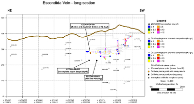 Figure 2: Long section of the Escondida Vein showing drill intercept locations and the mine workings